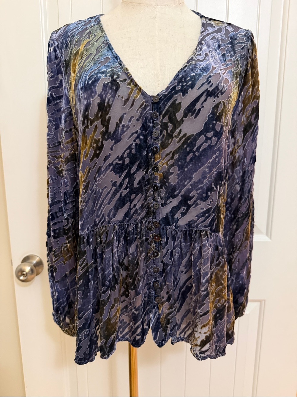 Sundance Purple & Gold Velvet Butnout over Sheer Fabric Button-up Blouse Large